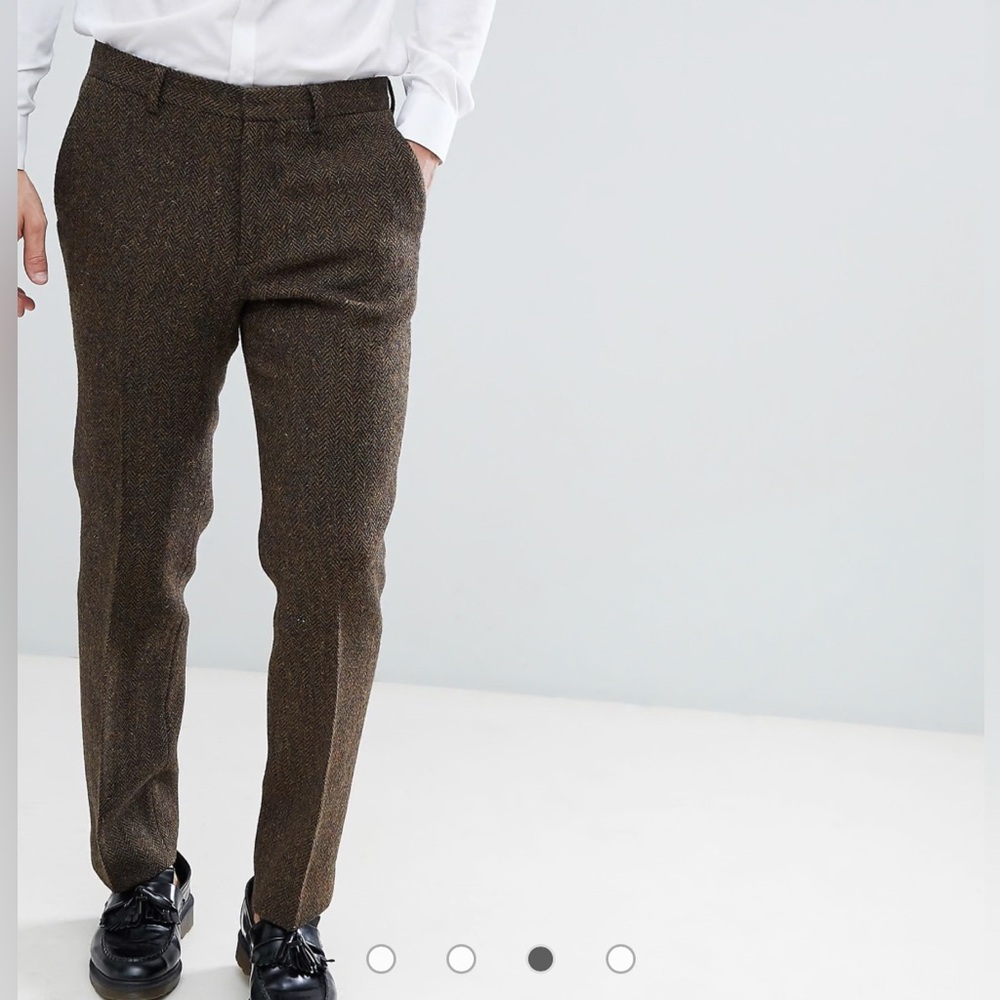 ASOS DESIGN Slim Suit Pant in 100% Wool Harris Tweed in Brown Herringbone.